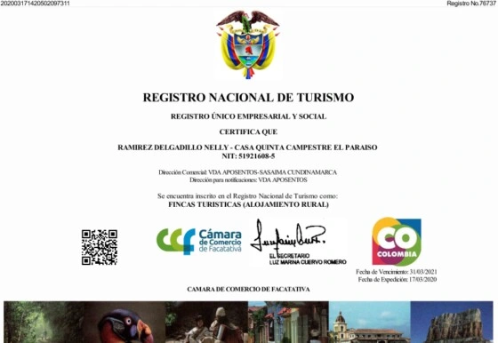 Registro Nacional de Turismo Registro Nacional de Turismo - Hotel Paraiso Sasaima